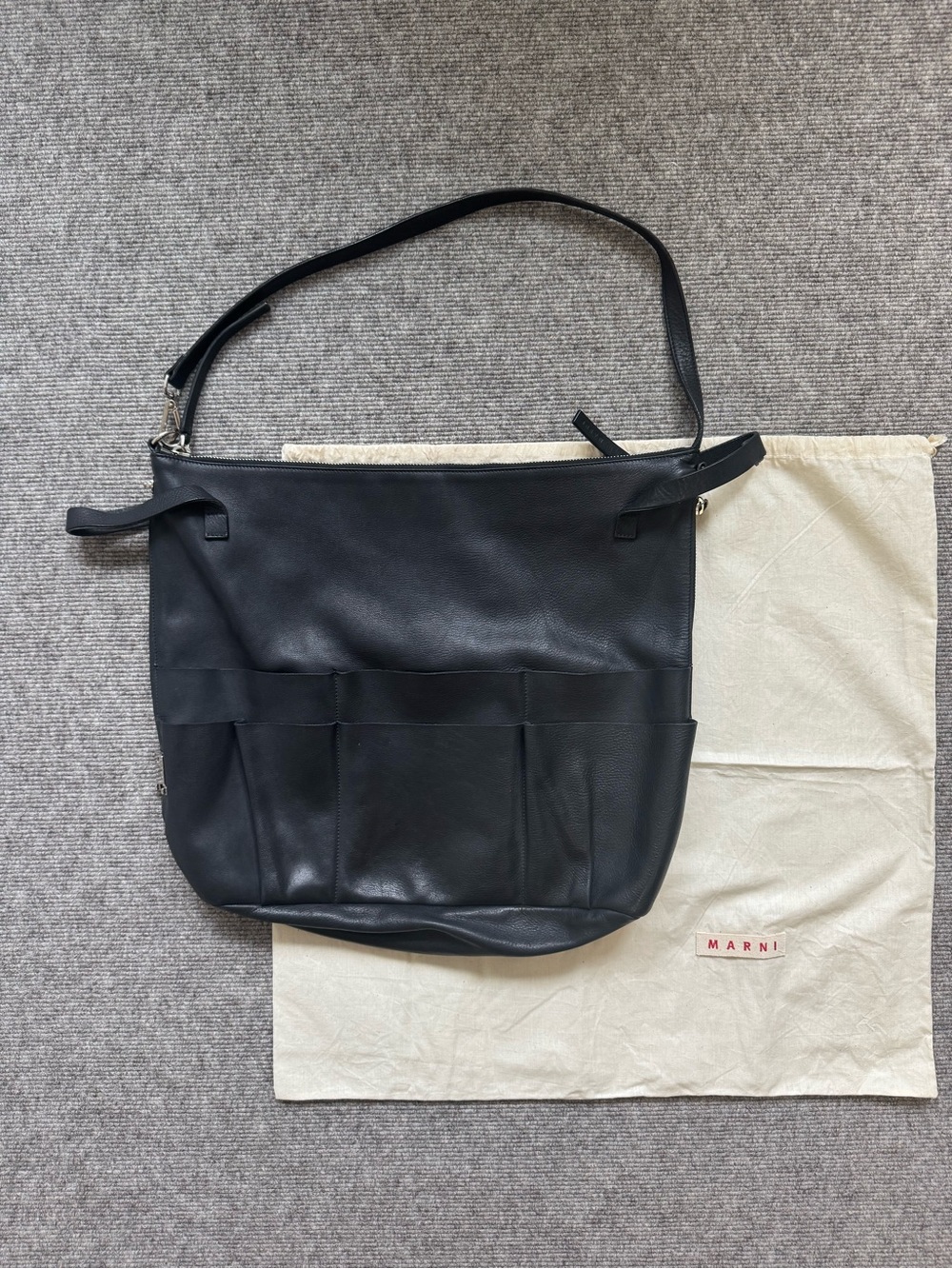 Marni Black Leather Shoulder Bag with Front Pocket Panels and convertibility